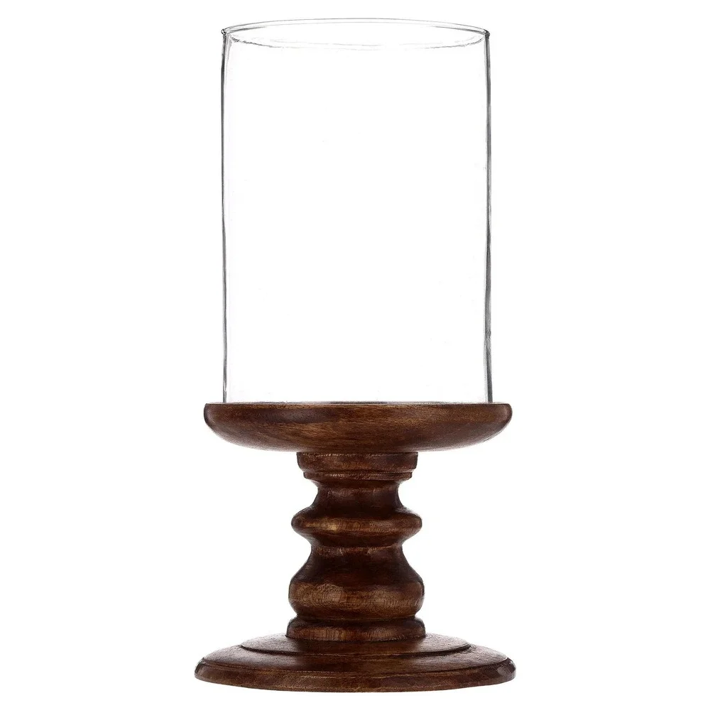 My Texas House Fall Large Wood and Glass Hurricane Candle Holder, Brown, 12in